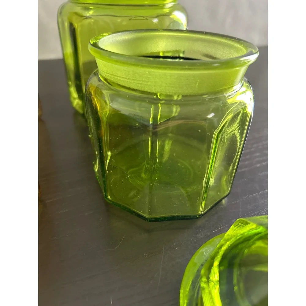Vintage Octagonal Glass Apothecary Jars Set of 4 Amber & Green Faceted Lids MCM